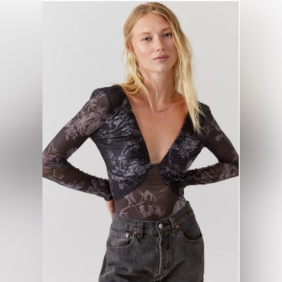 Free People Tops - NWT Free People Black and Gray Floral Bodysuit